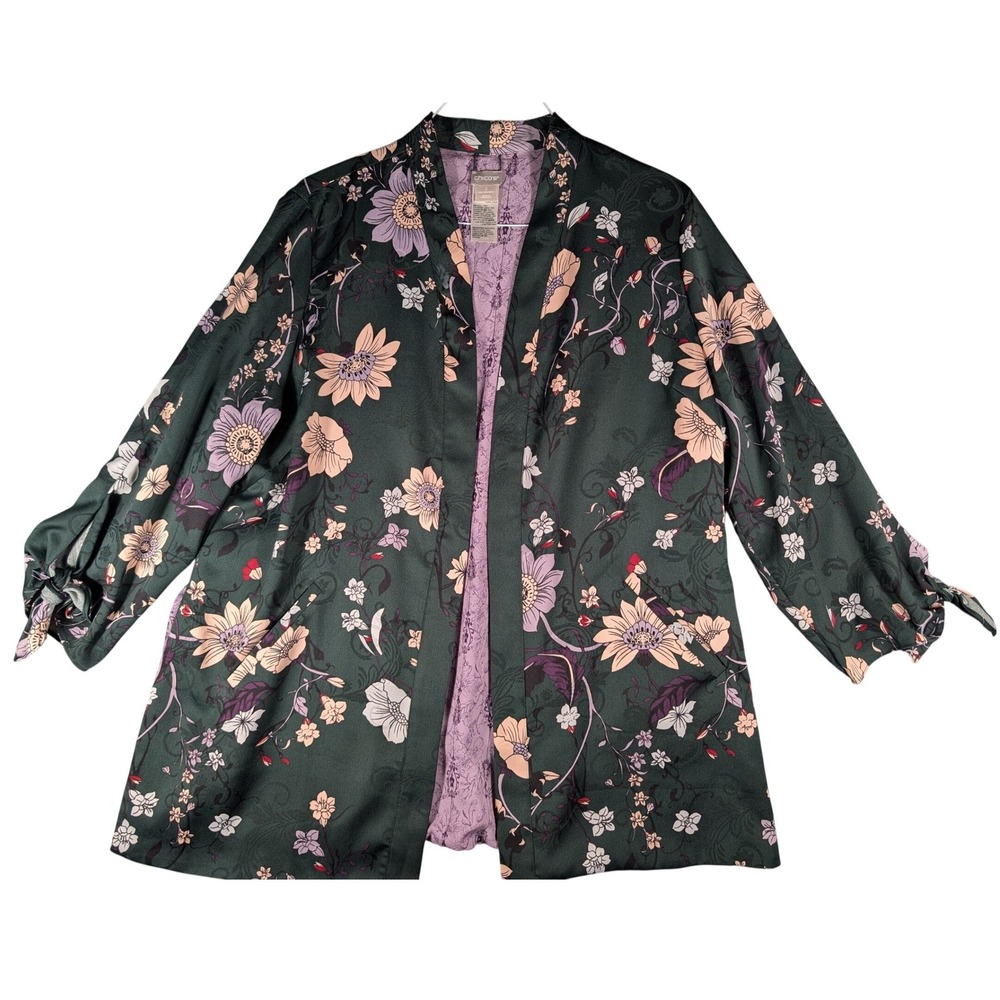 Chico's Floral Open Front Kimono Jacket Green Lavender 3/4 Sleeve Plus Size 3XL